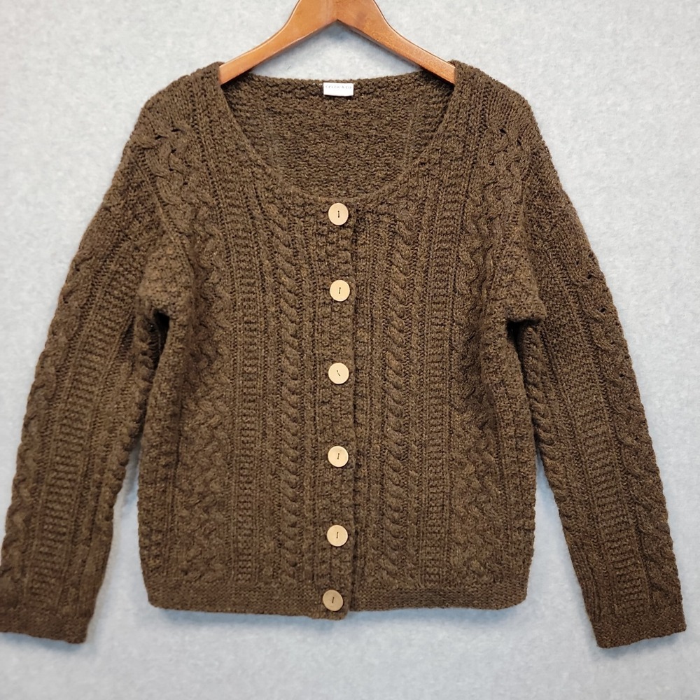 Celtic & Co Pure New Wool Cardigan Sweater Size M Choco Brown Cable Chunky Knit